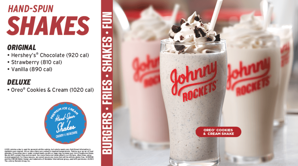 Hand-spun milkshakes Original Hershey's, Strawberry or Vanilla. Deluxe: Oreo Cookies & Cream