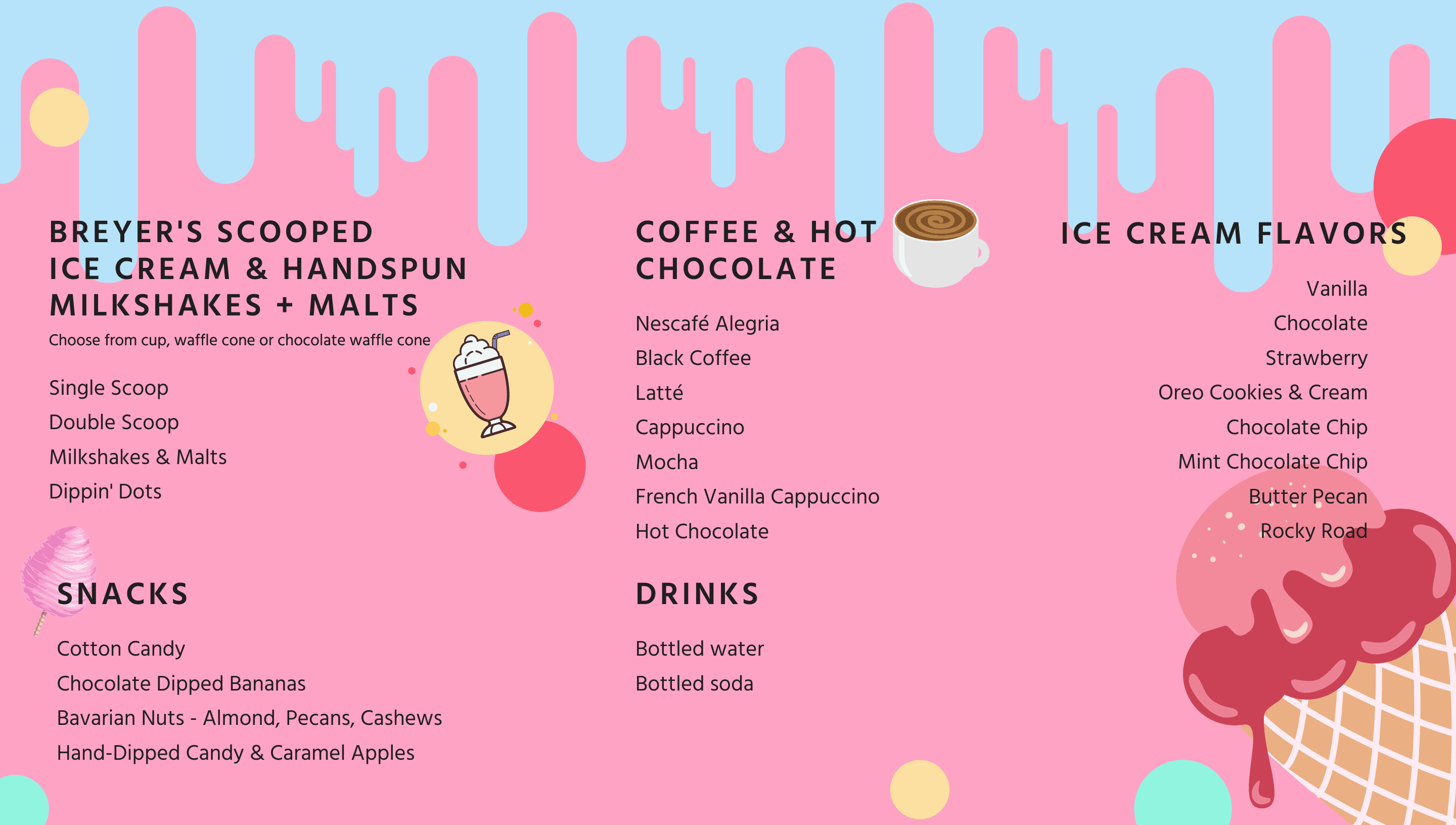 Sweet Spot Menu: scooped ice cream, coffee, hot chocolate, drinks